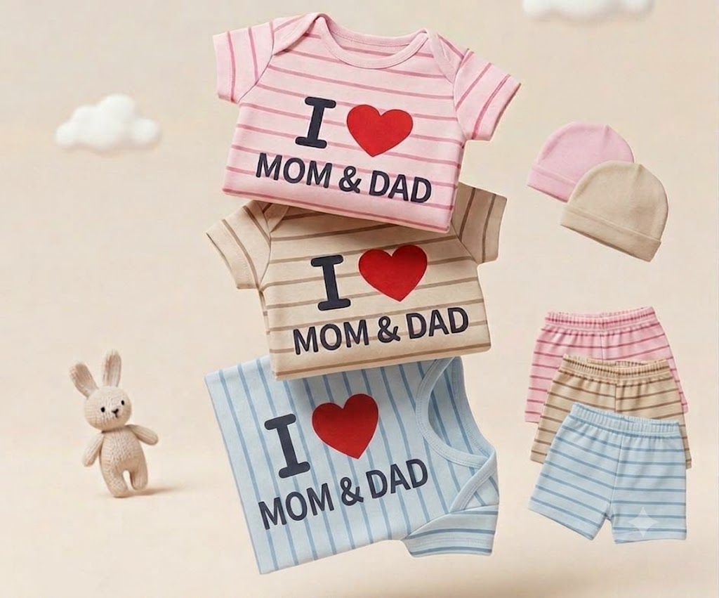 Cuddly Bear Polka Dot  & I ❤️ Mom Dad 3-Piece Baby Set (Shirts, Shorts & Beanie)