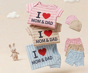 Cuddly Bear Polka Dot  & I ❤️ Mom Dad 3-Piece Baby Set (Shirts, Shorts & Beanie)