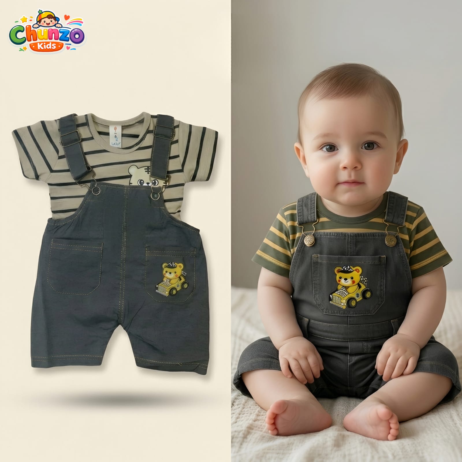 Tiny Rider Bear Motif Dungaree Set | Premium Kids Streetwear – Chunzo Kids