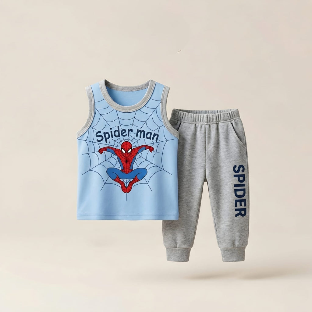 Boys Spider-Man Sleeveless T-Shirt & Jogger Pants Set – Yellow & Grey Kids Summer Outfit