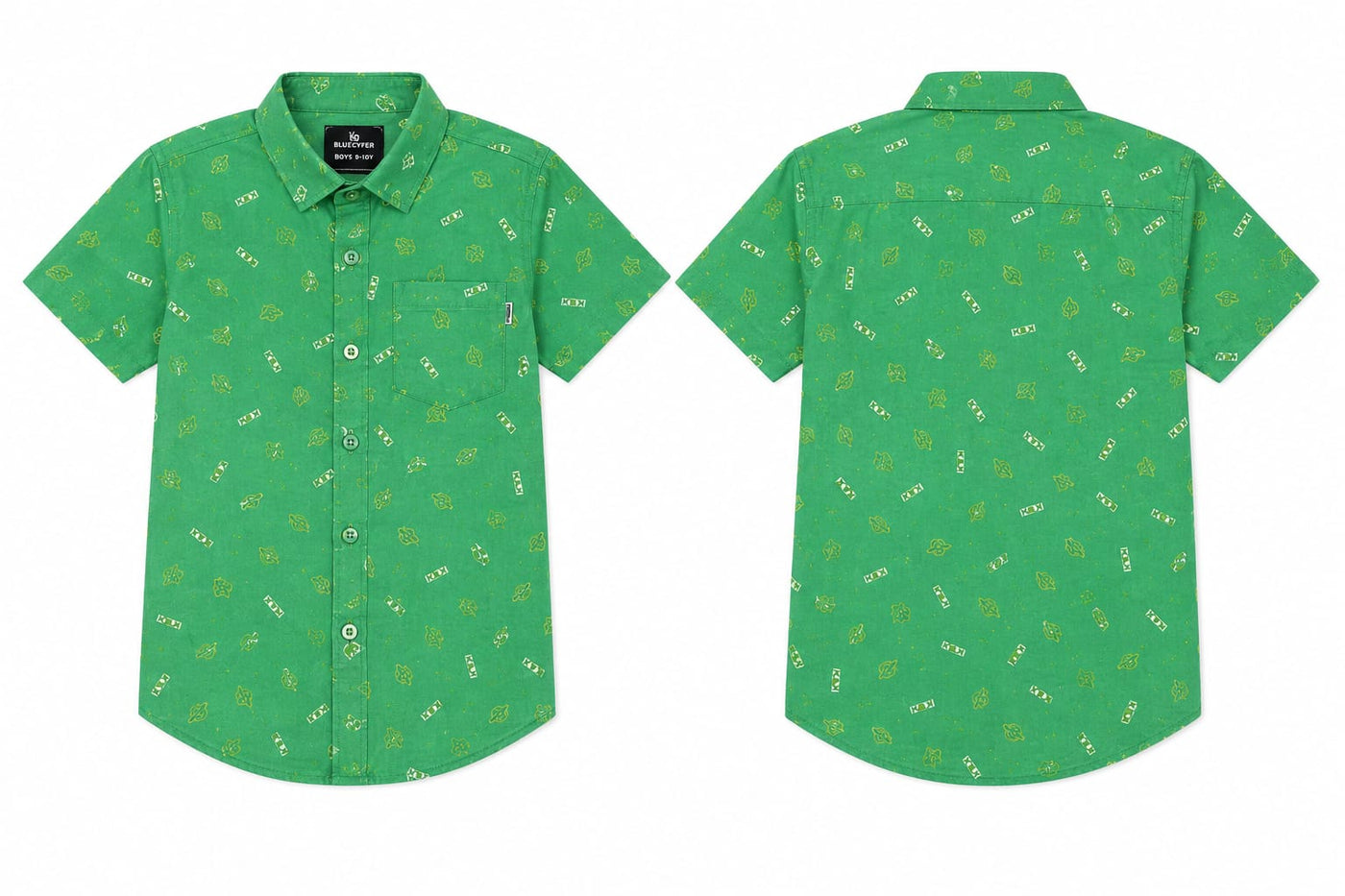 Boys 14th August Green Printed Cotton Half Sleeve Shirt