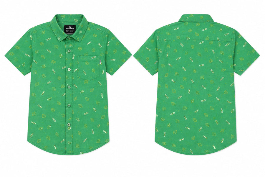 Boys 14th August Green Printed Cotton Half Sleeve Shirt