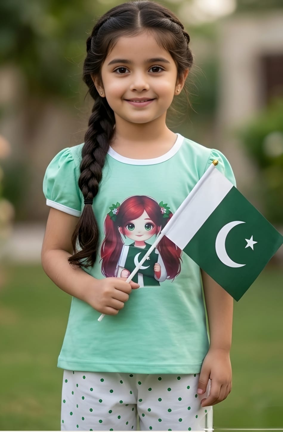 Girls Pakistan Independence Day Mint Green Puff-Sleeve Top & Shorts Co-ord