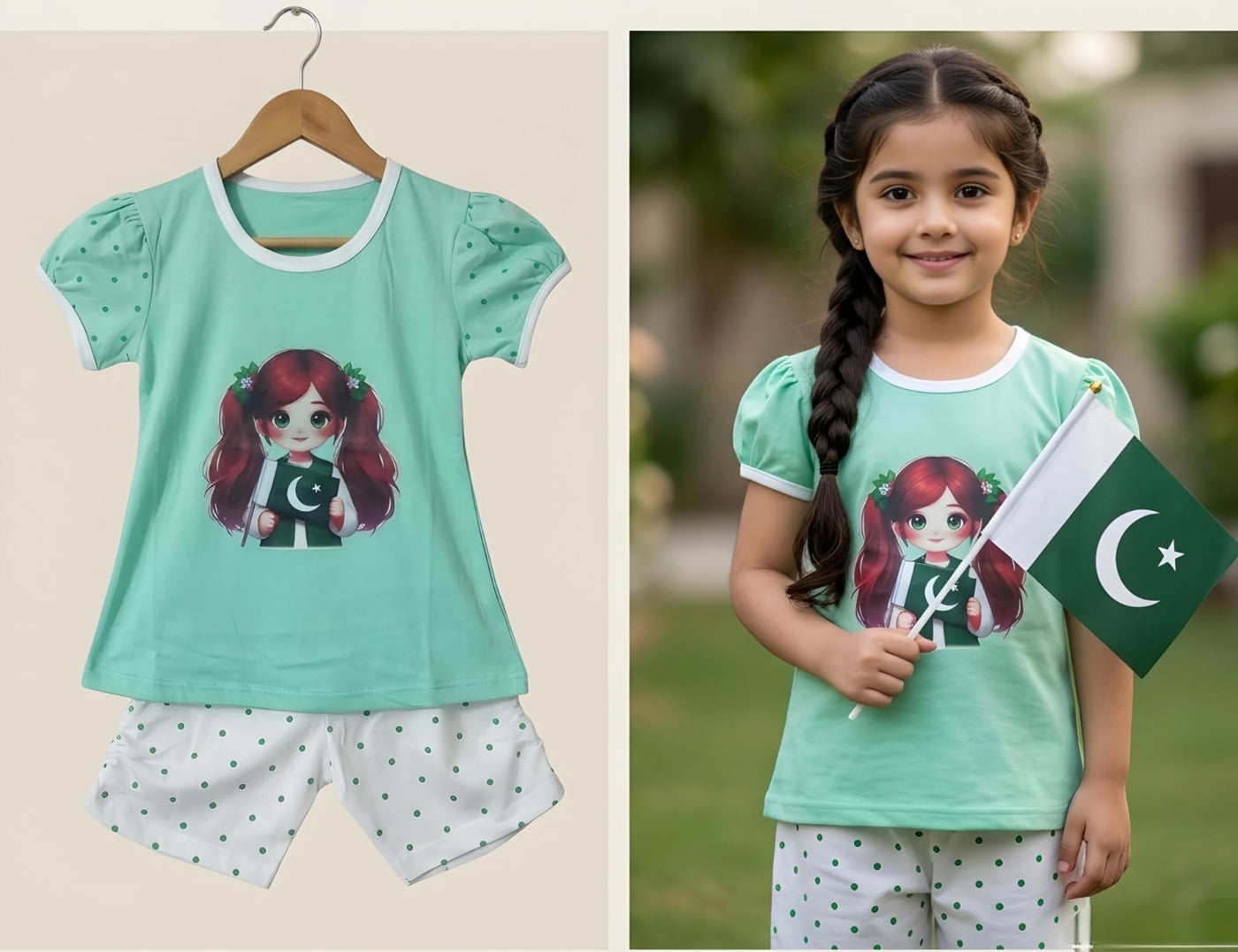 Girls Pakistan Independence Day Mint Green Puff-Sleeve Top & Shorts Co-ord
