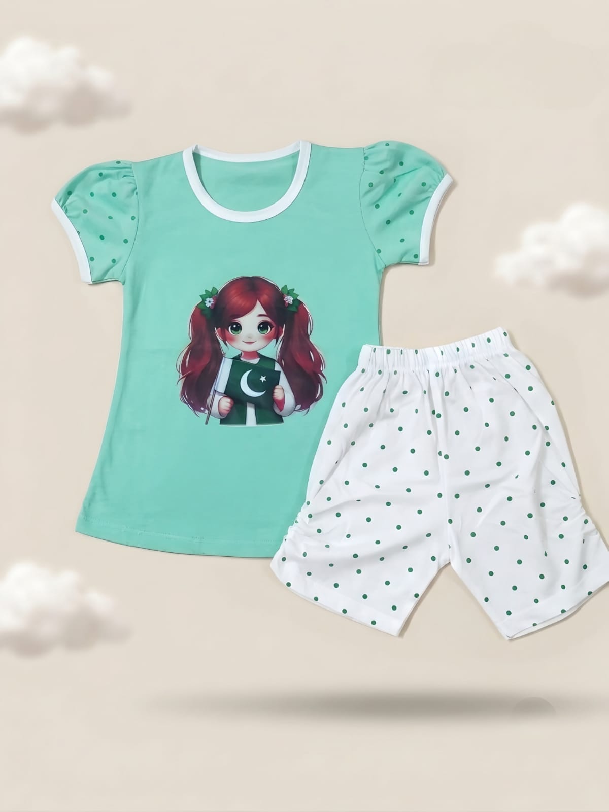 Girls Pakistan Independence Day Mint Green Puff-Sleeve Top & Shorts Co-ord