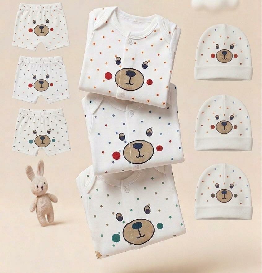Cuddly Bear Polka Dot  & I ❤️ Mom Dad 3-Piece Baby Set (Shirts, Shorts & Beanie)