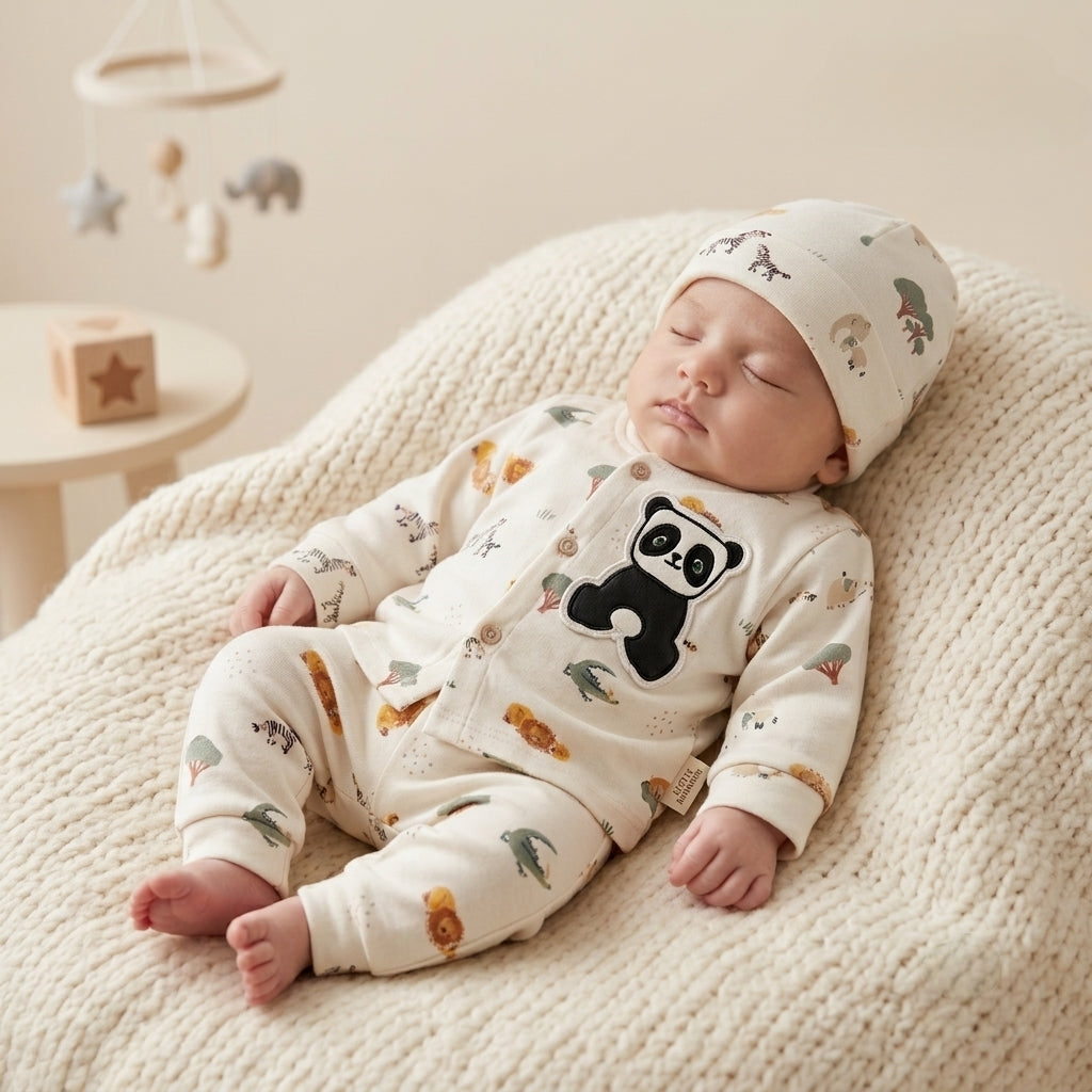 Cozy Safari & Panda Baby Lounge Set (Top, Bottom & Matching Beanie)