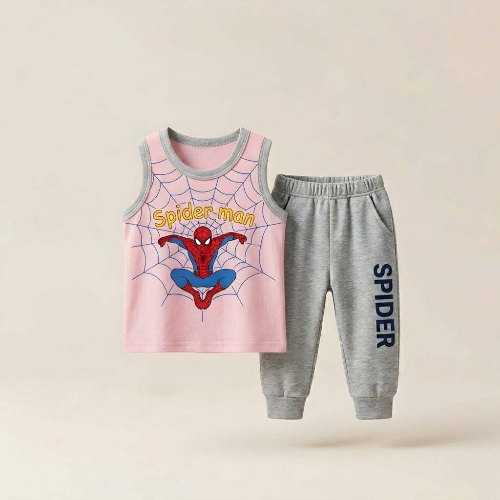 Boys Spider-Man Sleeveless T-Shirt & Jogger Pants Set – Yellow & Grey Kids Summer Outfit