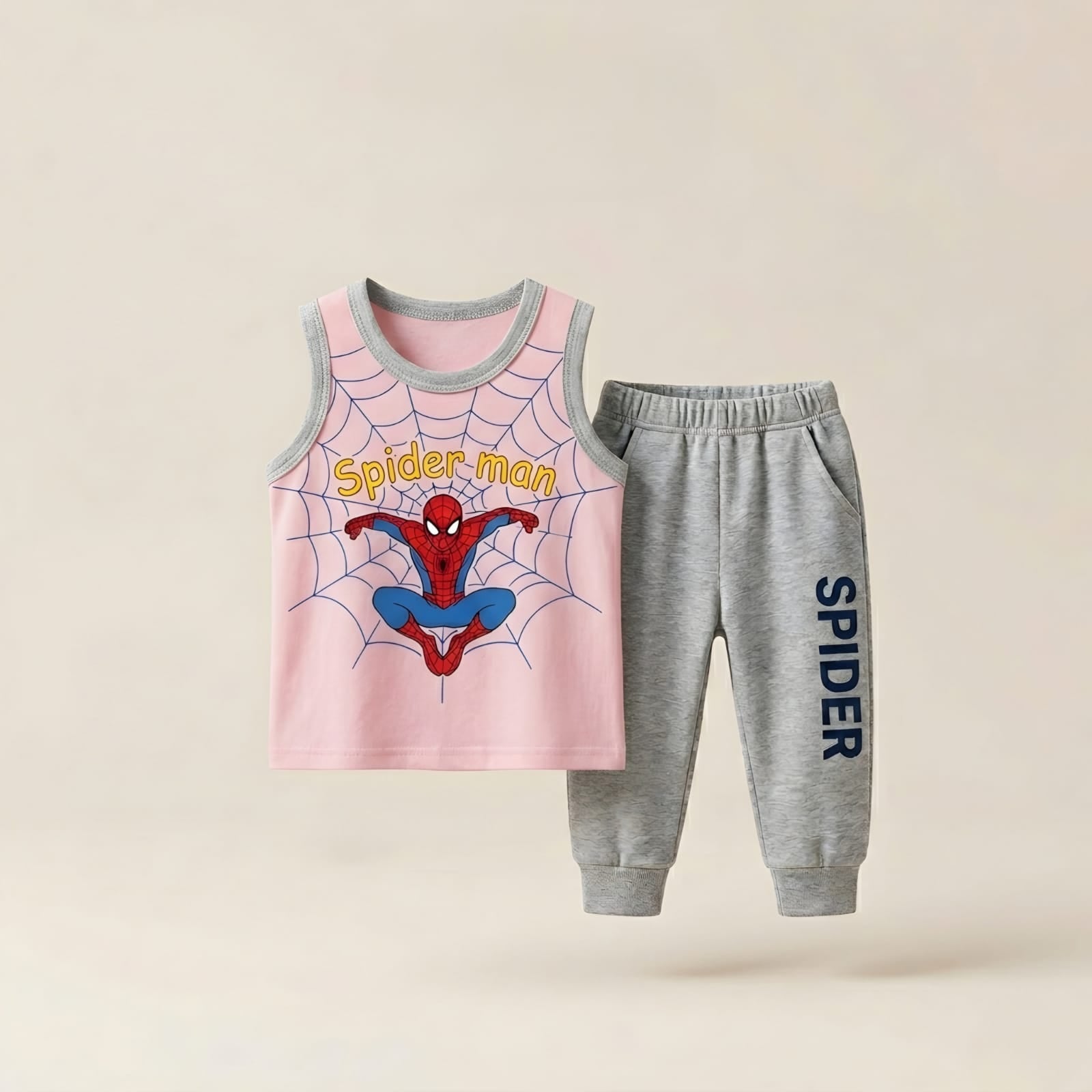 Boys Spider-Man Sleeveless T-Shirt & Jogger Pants Set – Yellow & Grey Kids Summer Outfit
