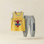 Boys Spider-Man Sleeveless T-Shirt & Jogger Pants Set – Yellow & Grey Kids Summer Outfit