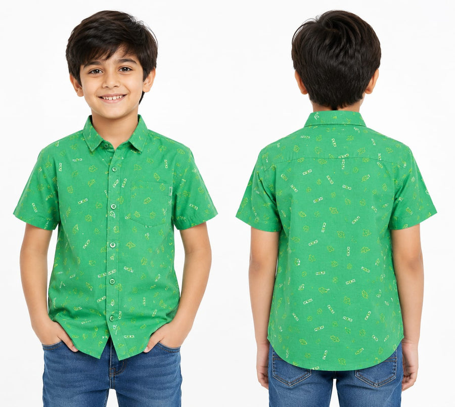 Boys 14th August Green Printed Cotton Half Sleeve Shirt