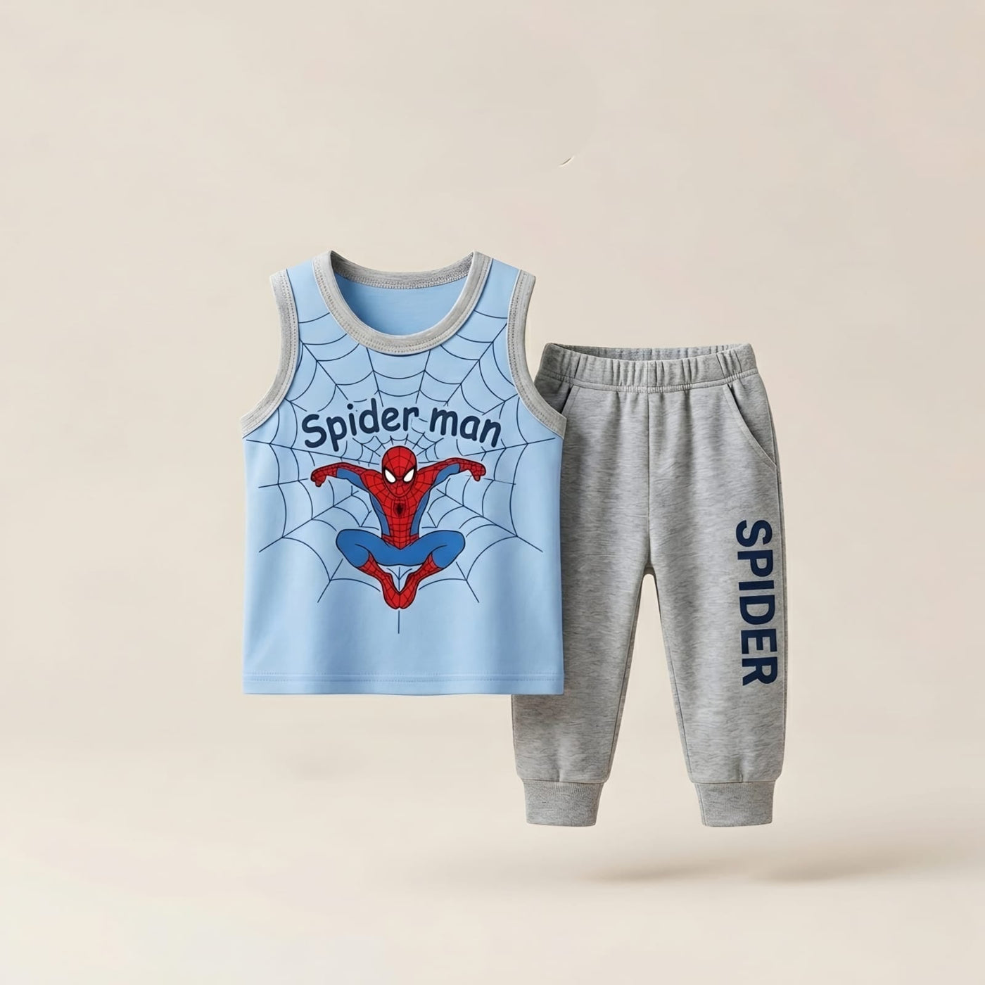 Boys Spider-Man Sleeveless T-Shirt & Jogger Pants Set – Yellow & Grey Kids Summer Outfit
