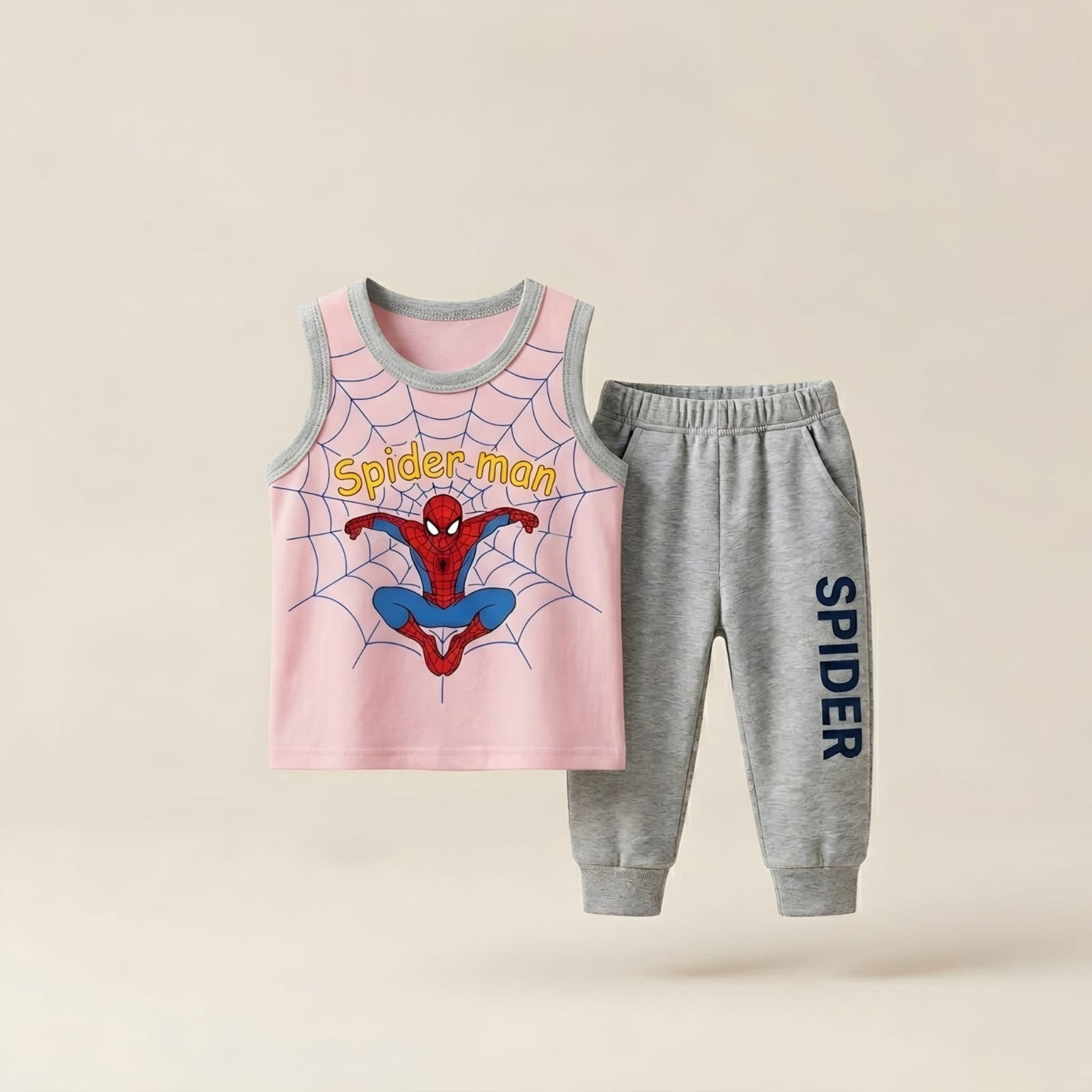 Boys Spider-Man Sleeveless T-Shirt & Jogger Pants Set – Yellow & Grey Kids Summer Outfit