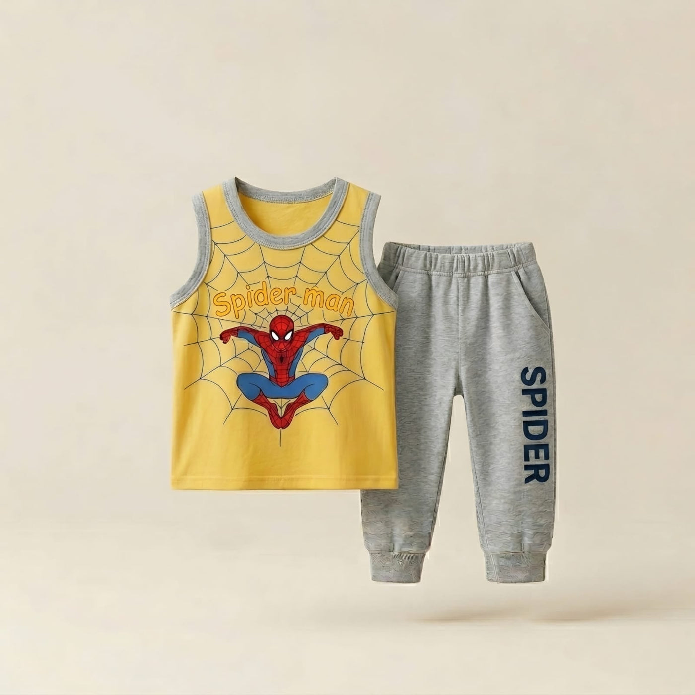 Boys Spider-Man Sleeveless T-Shirt & Jogger Pants Set – Yellow & Grey Kids Summer Outfit